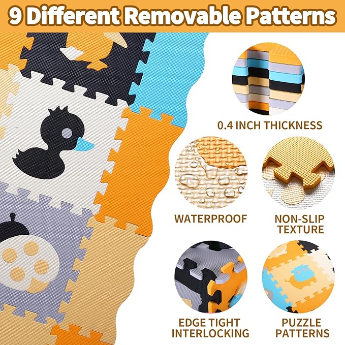 Foam Play Mat for Kids，25Pcs Square Interlocking Puzzle Floor Mat，Baby Play Mat Floor Mat Foam Puzzle Playmat for Toddlers with Fence（Animal-CSH018