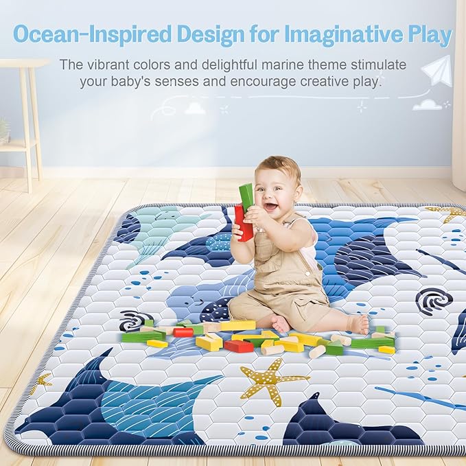 Omzer Baby Play Mat, 47x47 Inch Thick & Soft Playmat for Playpen, Non-Slip Floor Mat for Crawling Infants & Toddlers with Safety Silicone Backing, Machine Washable - Blue