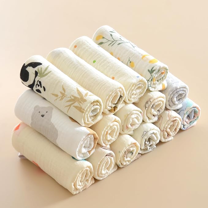 MUKIN Baby Washcloths, Natural Cotton Face Towels, 15 Pack, 10x10 inches