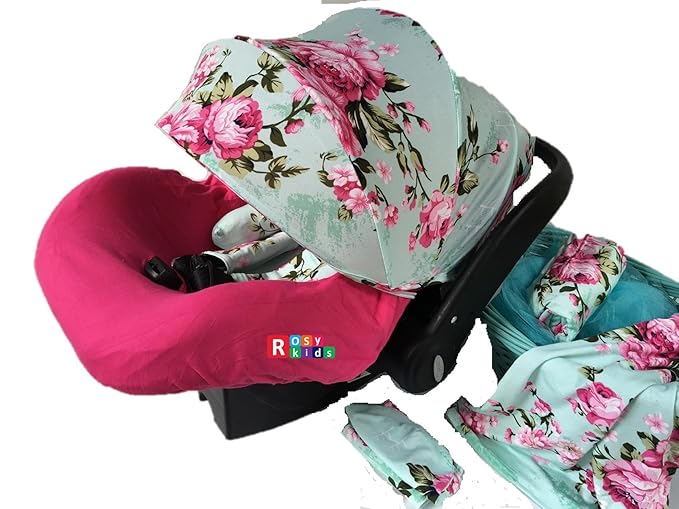9pc Baby Girl Ultimate Set of Infant Car Seat Cover Canopy Headrest Blanket Hat Nursing Scarf, 25JE03