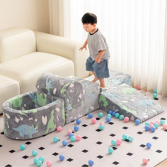 Tiita Baby Climb and Crawl Playset 5-Piece, Kids Foam Climbing Block with Small Ball Pit - Indoor Soft Play Climber for Playtime Fun, Grey Star, Green Dinosaur