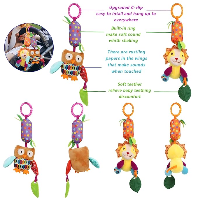 Bloobloomax Baby Soft Hanging Rattle, Car Seat Stroller Toys with Plush Animal C-Clip Ring for Infant Babies Boys and Girls 3 6 9 to 12 Months (4pcs)