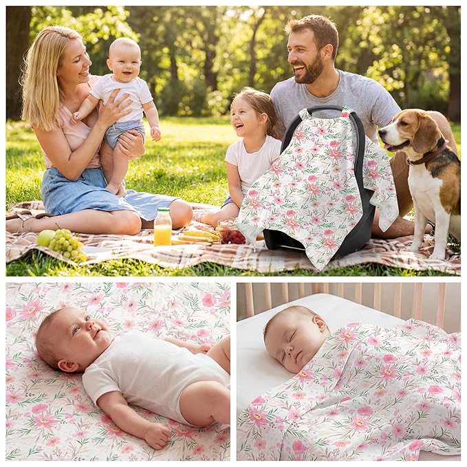 Car Seat Cover Baby, 100% Muslin Cotton Infant Car Seat Canopy, Universal Baby Car Seat Cover, Breathable Nursing Cover Canopy Shower Gift Floral