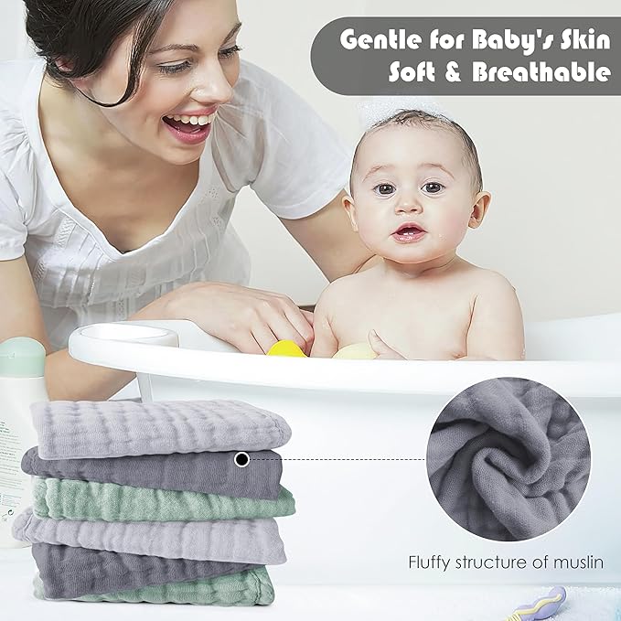Ease Cubs 12 Pack Muslin Washcloths for Baby - 100% Cotton Baby Wash Cloths for or Baby Face Body Comfy and Soft for Newborn Infants Kids Girls and Boys - 12"x12" - Grey, Green and Slate