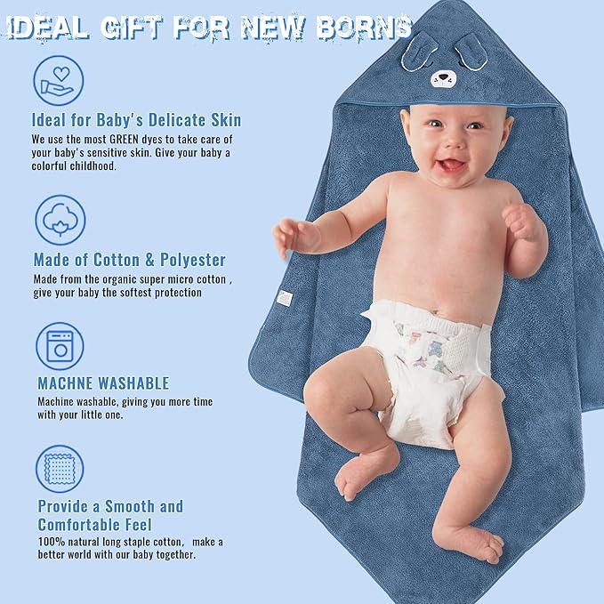 Hooded Towel for Baby, 2 Pack Coral Fleece and 9 Baby Washcloths, Soft and Absorbent Baby Towels Large 35.5x35.5 Inch Shower Towel Gift for Newborns, Infants and Toddlers (Navy Blue Dog+Brown Bear)