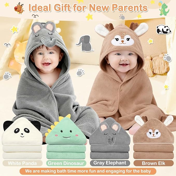 Flasoo 14 Pcs Baby Towels Set, Baby Towels and Washcloths Set,4 Pcs 32x32 in Cute Hooded Bath Towel & 10 Pcs Baby Washcloths for Infants, Toddlers and Kids - Dinosaurs, Pandas, Elephants & Moose
