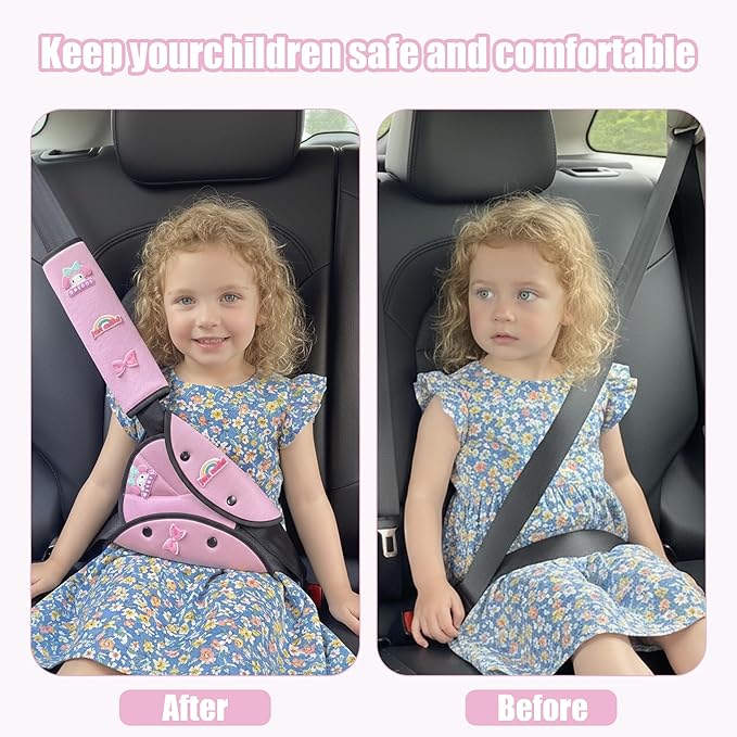Car Seat Belt Holder & Shoulder Protection Set, Universal Anti-Neck Seat Belt Cover Pad, Cute Soft Seat Belt Cushion for Boys & Girls, Belly Protector for Comfortable Travel (Blue)