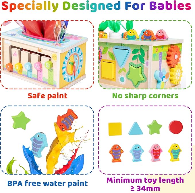 Montessori Baby Wooden Tissue Box Christmas Toy 6-in-1 Sensory Tissue Box Toy for Babies 36+ Months Developmental Toys for Babies, for 36+ Months