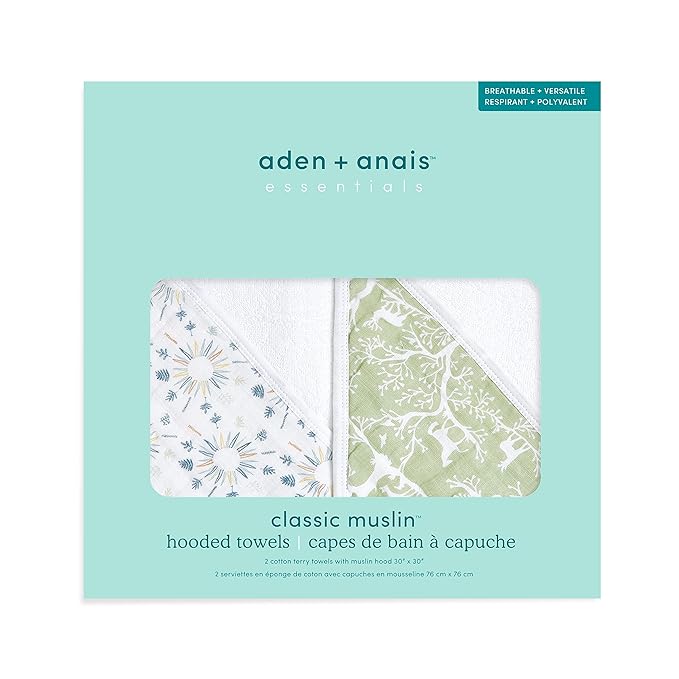 aden + anais Essentials Hooded Baby Bath Towel, Super Soft 100% Cotton, 2 Pack, Harmony