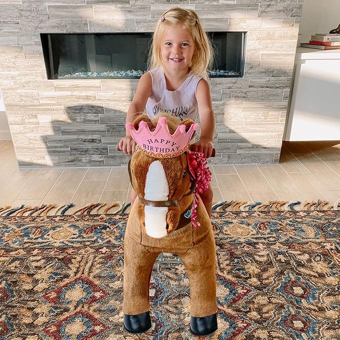 WondeRides Ride on Horse Pony Brown Riding Horse Size 3 for Kids Age 3-4, 30.1 Inch Height Riding Pony Ride Plush Giddy up Rocking Mechanical Walking Animal Horse for Boys and Girls M345