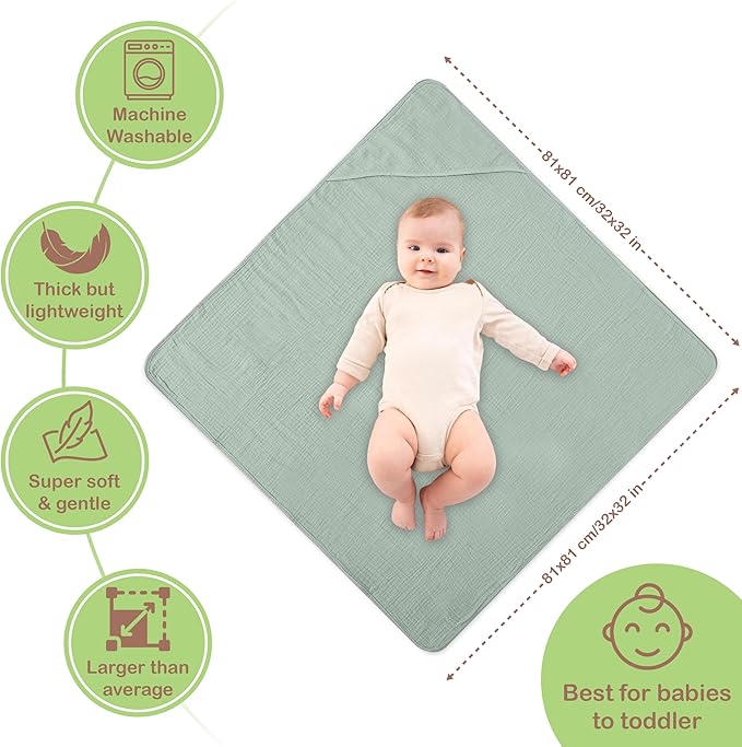100% Organic Cotton Muslin Baby Hooded Towels - 32x32 Inch, 2 Pack Newborn Bath Towels for Boys & Girls, Soft & Absorbent Bath Set (Green/Mint Green)
