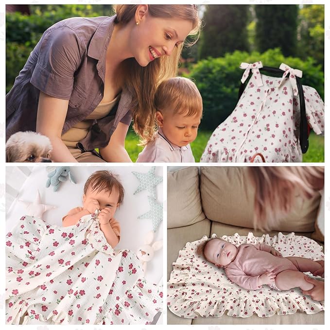 Tegeme Flower Muslin Car Seat Cover for Baby Girls Boys, Breathable Lightweight Infant Nursing Carseat Canopy Breastfeeding Cover Multi-use Carriers for Spring Summer Stroller Sun Shade