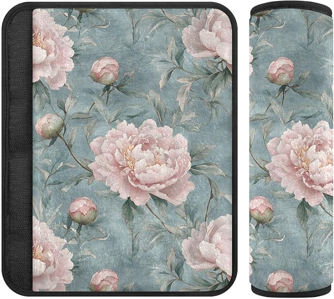CHIFIGNO Pack of 2 Car Seat Belt Covers Pink Peonies Blue Leaves Seatbelt Cushion Fashion Shoulder Strap Cushion Protect Your Neck and Shoulder
