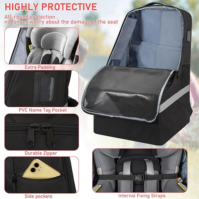 IBVIVIC Padded Car Seat Travel Bag for Airplane, Heavy Duty Car Seat Bag for Air Travel Gate Check Carseat Carrier Bag with Shoulder Strap, Fits Most Baby & Infant Car Seats