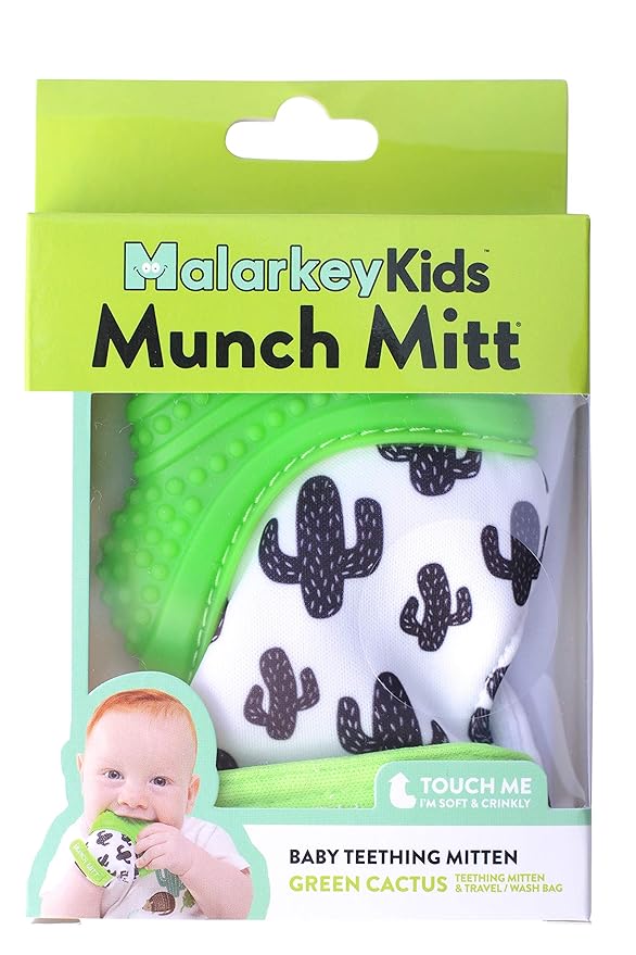 Malarkey Kids Munch Mitt Teething Mitten - The Original Mom-Invented Silicone Teether Mitten with Travel Bag – Ideal Teething Toys - Green Cactus