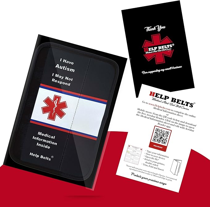 Autism/May Not Respond Medical Alert Seatbelt Cover – Available in Child and Adult Sizes with Emergency Information Pocket and Form by Help Belts in Black