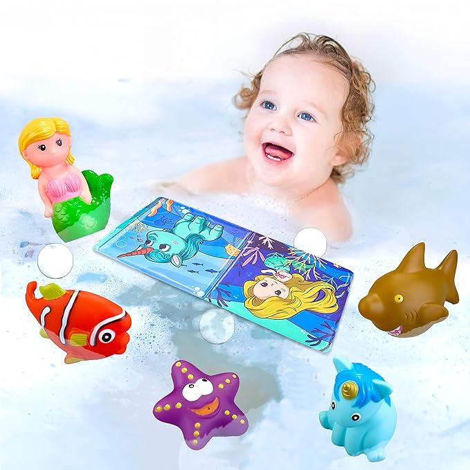 Color Changing No Hole Bath Toys for Toddlers Kids, Water Table Toys Rubber Animal with Bath Book for Bathtub Pool & Drying Bag(9 Packs)