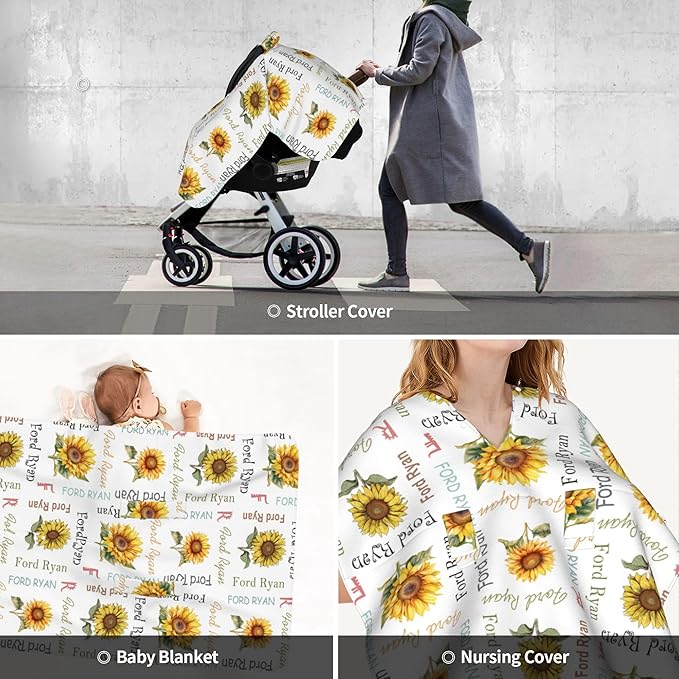 Personalized Winter Baby Car Seat Cover with Name Sunflower Winter Car Seat Cover for Baby Seat or Stroller Custom Infant Car Seat Covers Minky Blankets Nursing Cover Breastfeeding Scarf