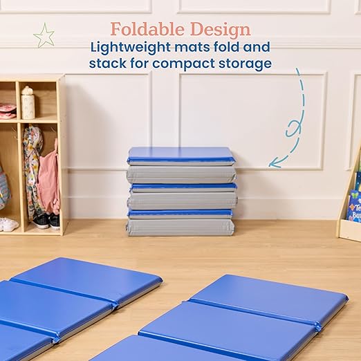 ECR4Kids-ELR-0883 Everyday 3-Fold Daycare Rest Mat, Folding Rest Mat, Sanitary Design, Low Maintenance, Certified and Safe, No Assembly Required, 2" Thick, Single Mat, Blue/Grey