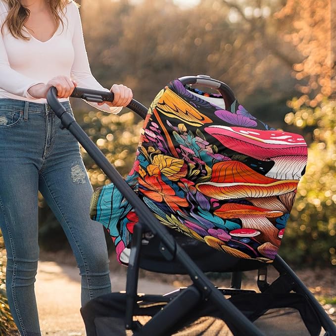 Rainbow Mushroom Print Breathable Car Seat Canopies for Infant Girl Boys,Personalized Multi Nursing Cover Breastfeeding Cover Mom Scarf