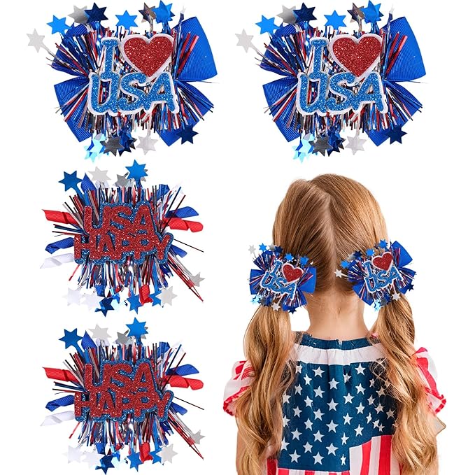 CN 4PCS 4th of July Hair Bows for Girls, Red White Blue USA Patriotic Hair Accessories, Amercian Flag Star Bows Clips for Girls Toddlers Teens for Independence Memorial Day Party Dress(Type A)