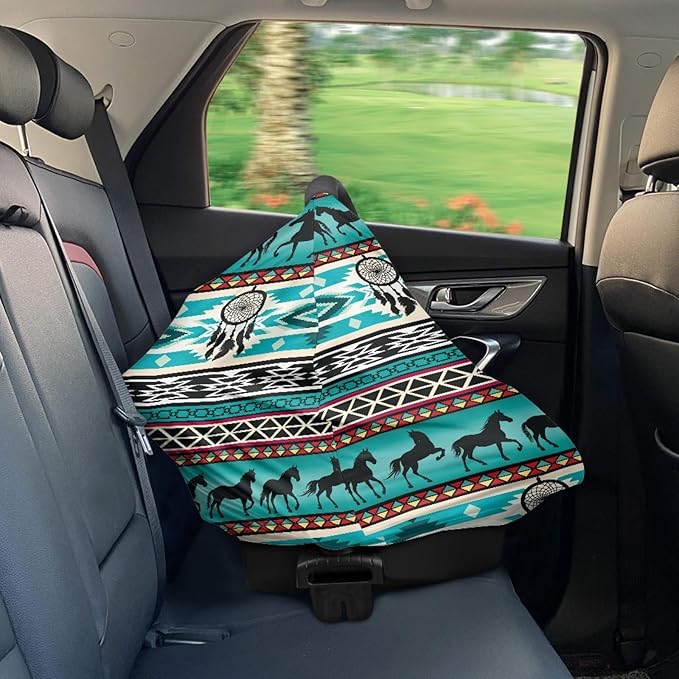 AFPANQZ Aztec Horses Retro Nursing Cover Breastfeeding Scarf Baby Car Seat Covers for Boys Girls Infant Carseat Canopy Stretchy Soft Breathable Cover Up for Stroller High Chair Turquoise Green