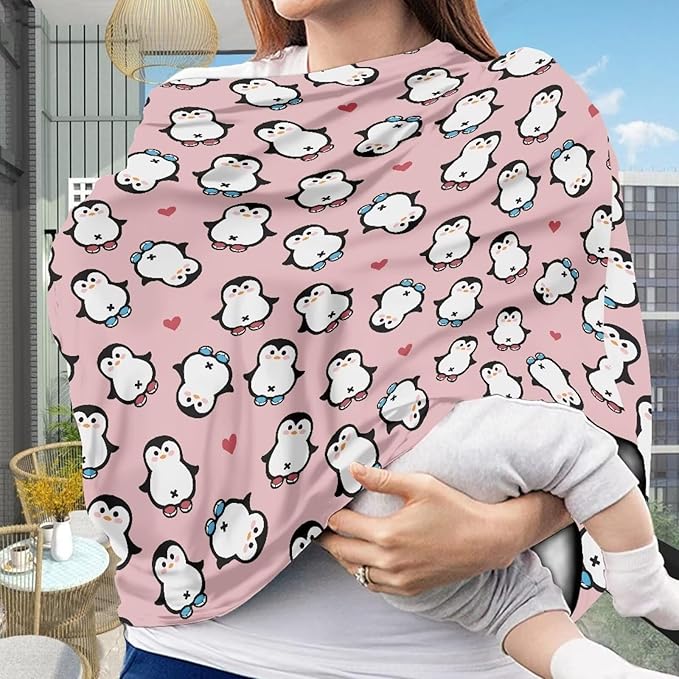 Biyejit Penguin Print Copper Pearl Multi-Use Cover: Car Seat Covers, Nursing Cover, and Stroller Cover for Sun - Stretchy Fabric, All-Season Use, Stylish Designs, Easy Access for Moms