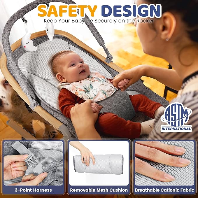 Orzbow Baby Rocker Chair & Infant to Toddler Rocker with 3 Recline Positions, Includes Removable Play Bar & Mesh Cushion, Detachable and Foldable, Fits Newborn 0-30 Months Up to 40 lbs, Wood Grain
