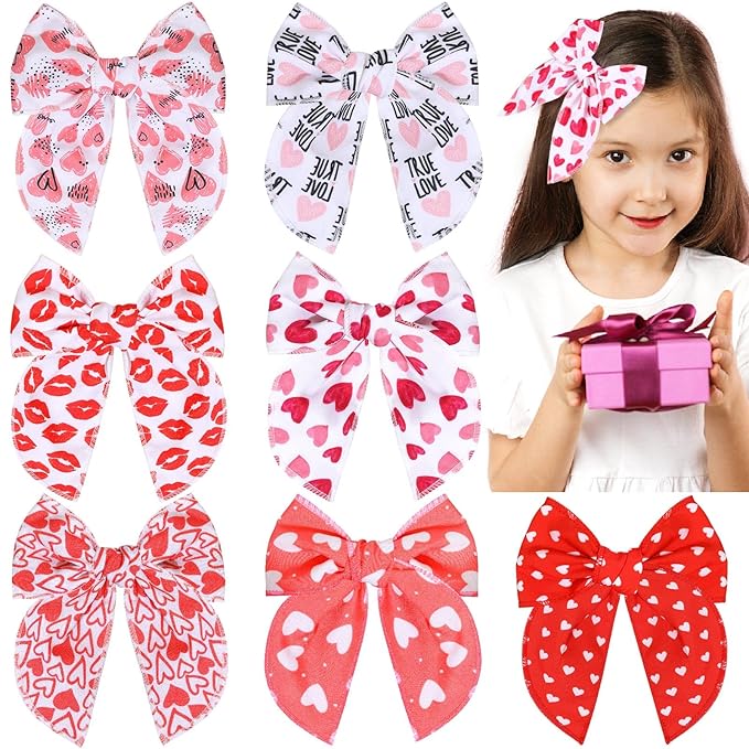 CN 7 PCS Valentine's Day Hair Bows for Girls, 4.5 Inch Red Toddler Bows Clips With Heart Love Lip Pattern Hair Accessories for Kids Party Decorations (Type B)