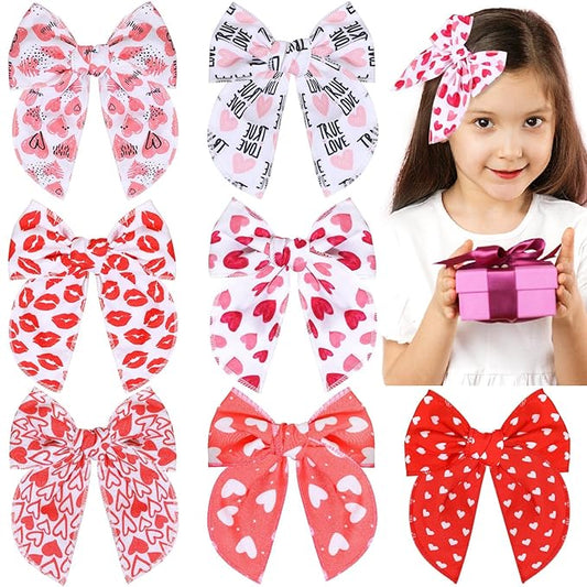CN 7 PCS Valentine's Day Hair Bows for Girls, 4.5 Inch Red Toddler Bows Clips With Heart Love Lip Pattern Hair Accessories for Kids Party Decorations (Type B)