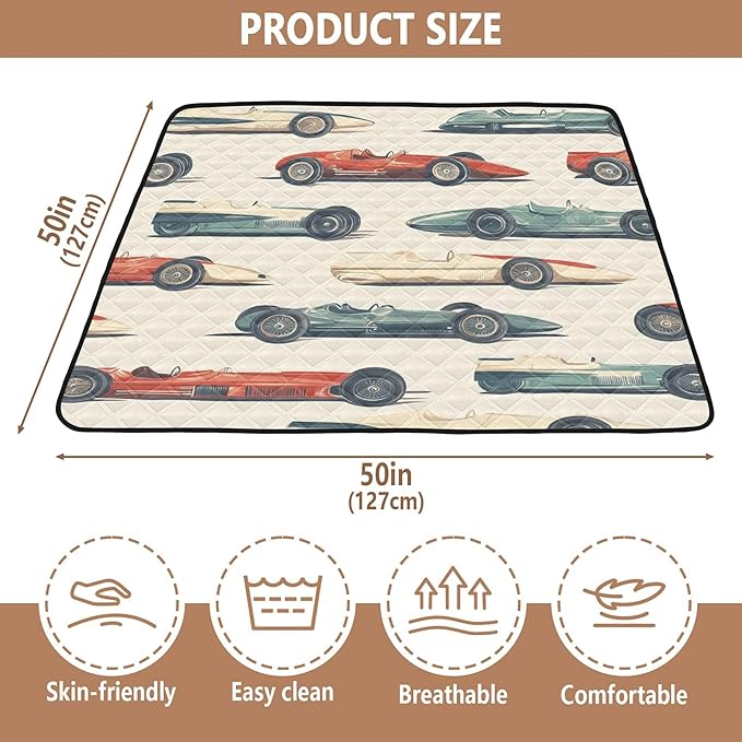 Race Cars Vintage Baby Playmat Washable Playroom Crawling Mat Non-Slip Play Mats for Floor 50x50 Mat