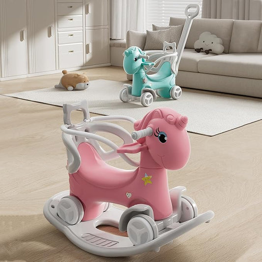 4 in 1 Rocking Horse for Toddlers 1.5-3Years, Baby Ride on Toy with Detachable Balance Board,Footrest and 4 Smooth Wheels, HDPE Material and 40° Swinging,Balance Bike