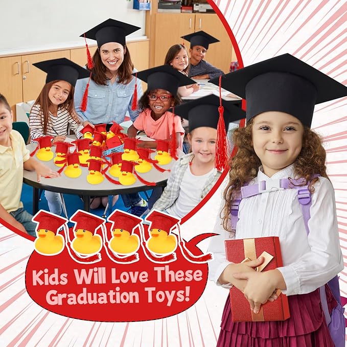 Jerify 48 Pcs Graduation Rubber Ducks with Grad Cap 2026 Diploma Grad Rubber Duck Graduation Party Bath Pool with Storage Bag for Student Gifts Party Favor(Red)