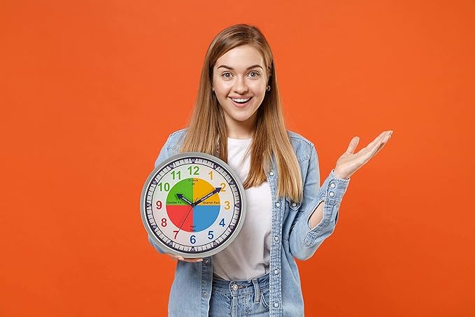 Bernhard Products Colorful Kids Wall Clock Teaching Time Telling Silent Non-Ticking Educational Learning Tool, Colored Numbers for Children Teachers Homeschool and Parents, School Classroom Playroom