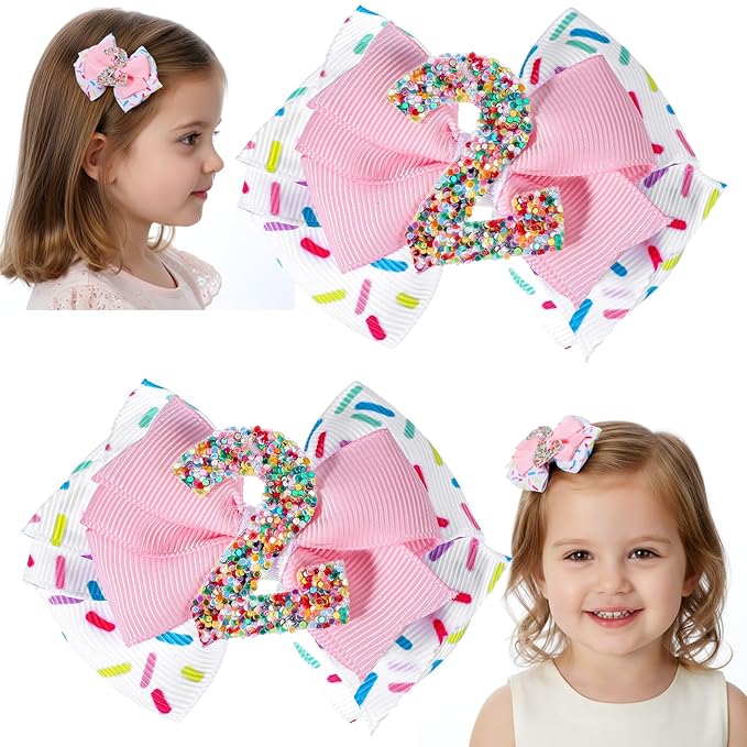 Sparkly Number 2 Birthday Hair Bow with Sprinkle, Sweet Outfit Pink Pigtail Hair Bows for 2 3 4 5 6 7 Years for Baby Girls Two 2nd Second Birthday