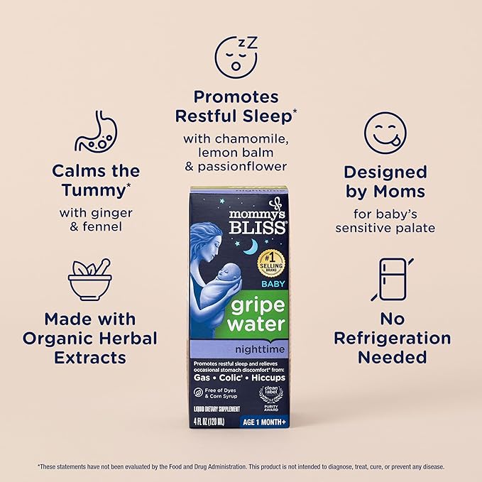 Mommy's Bliss, Bottle, Mommy's Bliss Night Time Gripe Water for Baby's Tummy Trouble - Relieves Occasional Infant Stomach Discomfort from Gas, Colic, Fussiness, Hiccups , 4 Fl Oz