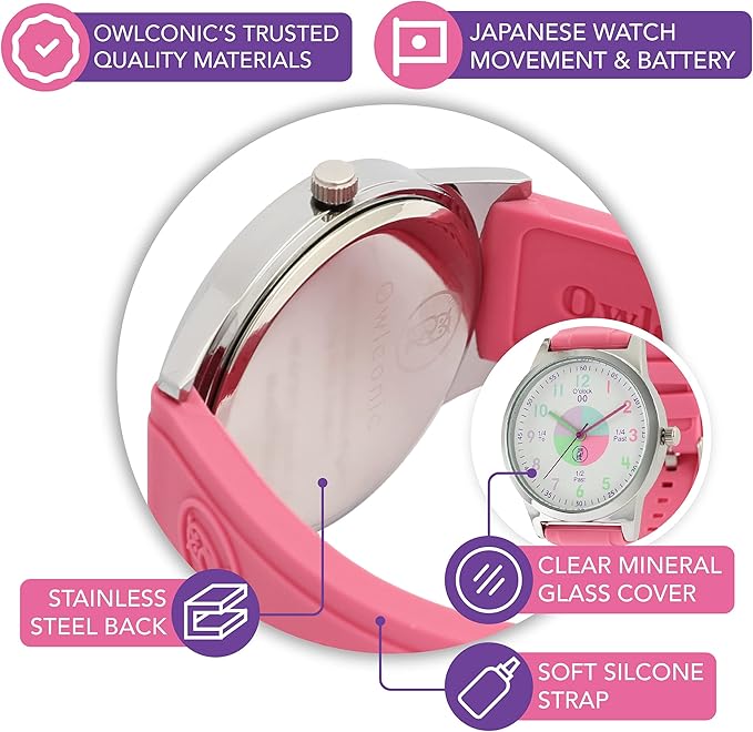 OWLCONIC Telling Time Teaching Clock - Bundled with Kids Watch. Learn to Tell Time Resources. Pink