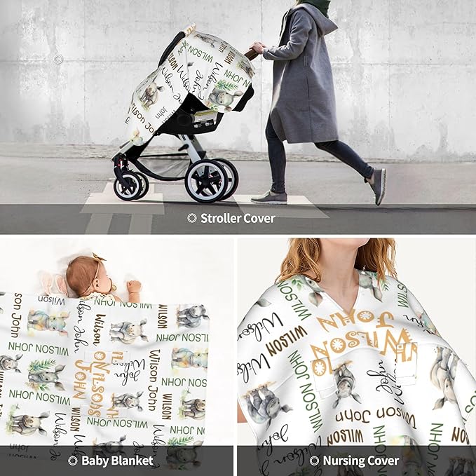 Personalized Winter Car Seat Covers for Babies with Name Rhinoceros Minky Baby Car Seat Cover for Boys Girls Custom Infant Carseat Covers Baby Blanket Nursing Cover Breastfeeding Scarf