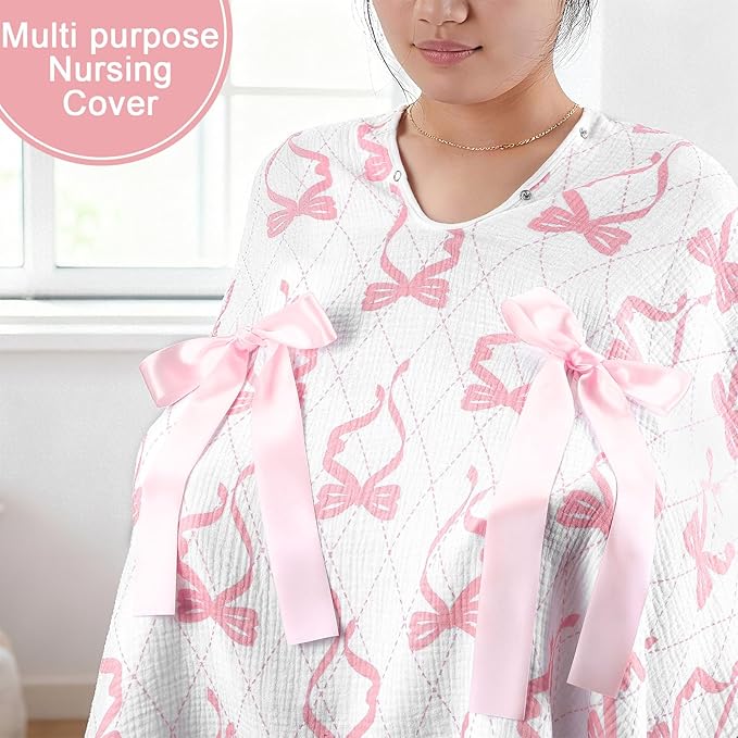 Tegeme 2-in-1 Pink Bow Muslin Baby Car Seat Cover Breathable Multi-use Nursing Infant Car Seat Cover Windproof Canopy for Breastfeeding Strollers Carriers