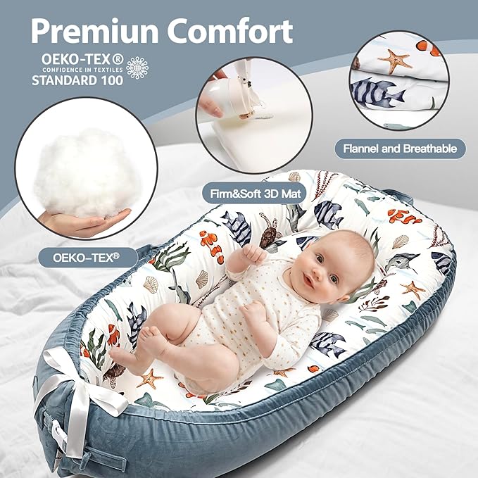 Infant Support Cushion - Breathable and Soft Organic 100% Cotton, Portable Tummy Time Mat with Removable Cover, Newborn Baby Essentials Gifts for 0-24 Months - Sea World