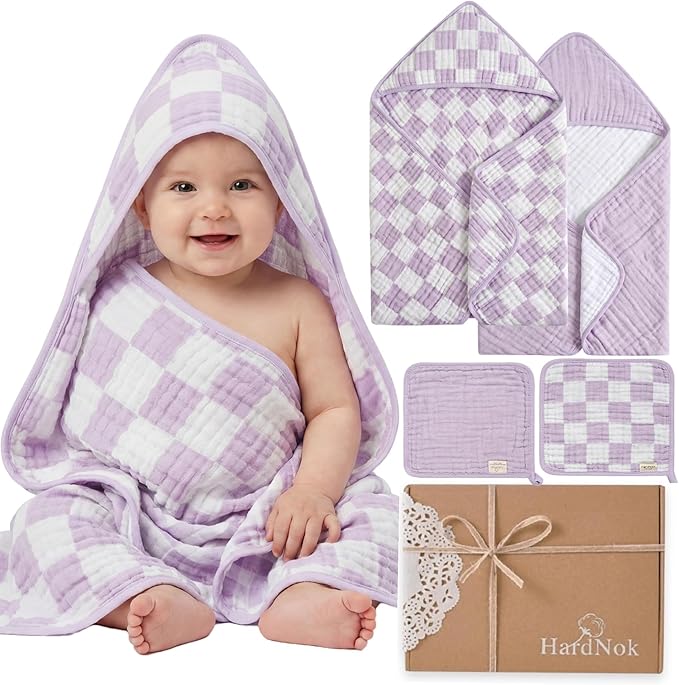 4-Piece Muslin Baby Towel Set - Made with Organic Cotton, (2) 6-Layer Bath Towels 32x32 & (2) Washcloths, Absorbent Bath & Beach, (Lavender)
