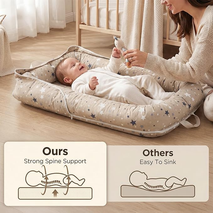 Baby Lounger for Newborn, Breathable and Soft Baby Lounger Pillow, Portable Infant Lounger with Removable Cover, Adjustable Lounger for Baby 0-12 Months, Tummy Time Baby Lounger for Home and Travel