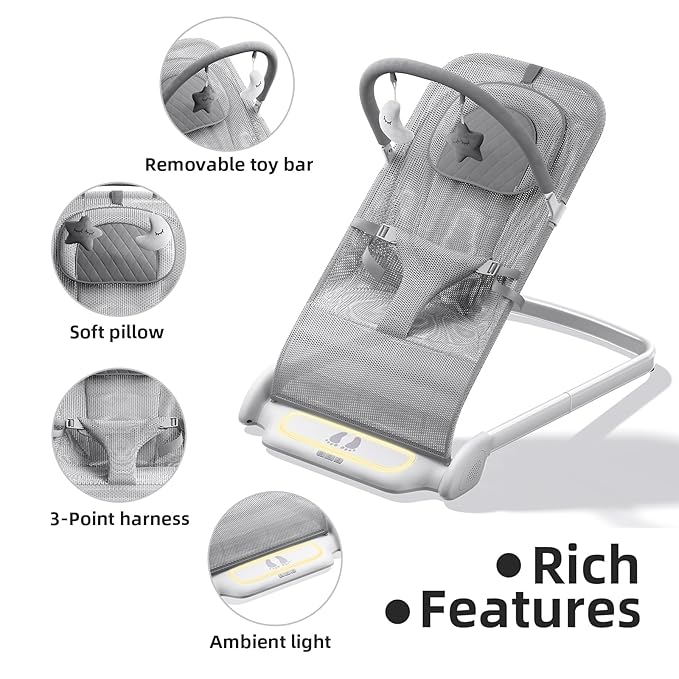 Derson Baby Bouncer, Portable Baby Bouncer Seat for Babies 0-6 Months, Infant Bouncer Chair Newborn with 8 Soothing Music, Foldable, Natural Vibrations (Gray)