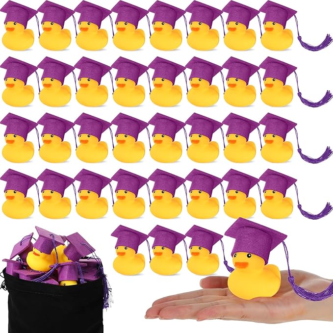 Jerify 48 Pcs Graduation Rubber Ducks with Grad Cap 2026 Diploma Grad Rubber Duck Graduation Party Bath Pool with Storage Bag for Student Gifts Party Favor(Purple)