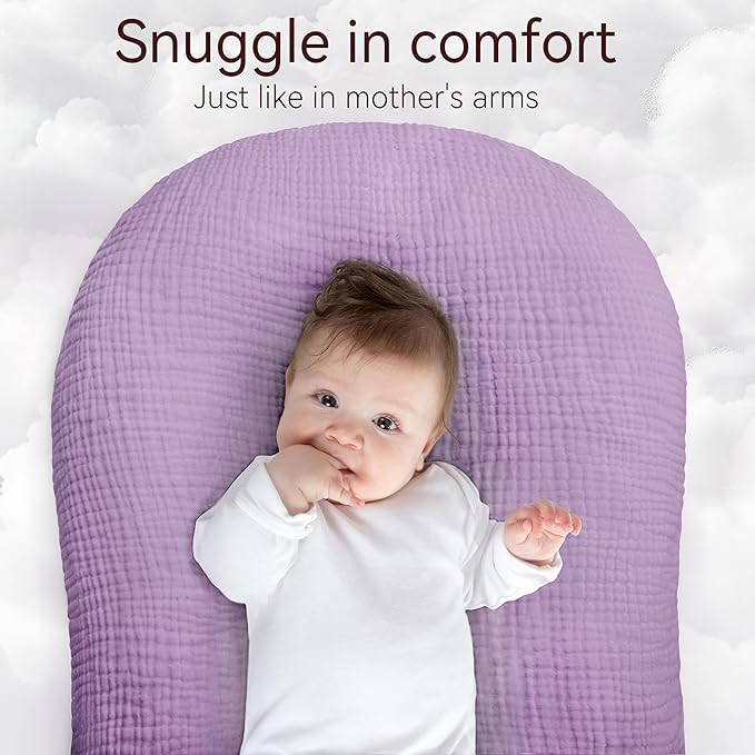 Muslin Baby Lounger Cover 1 Pack, Cotton Soft Breathable Infant Nest Slipcover, Envelope Closure, Compatible with Snuggle Me Loungers, Machine Washable, Cover Only, for Girls Boys (Purple)