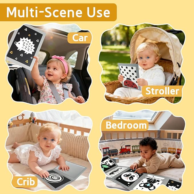 KUANGO Black and White High Contrast Tummy Time Mirror Toys Newborn Toys 0 6 Months Brain Development Infant Stimulating Sensory Baby Mirror Book 0-3 3-6 2 4 5 Months Old Baby Boy Girl Gifts