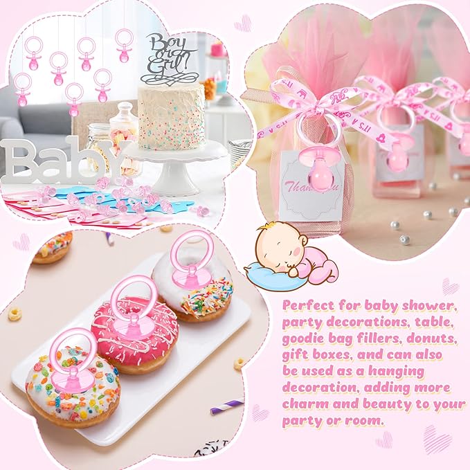 74 Pieces Baby Shower Pacifiers 24 Necklace Acrylic Plastic Pacifiers Baby Shower Game 50 Mini Plastic Charm Bulk for Party Decorations Games Table Scatter(Pink)