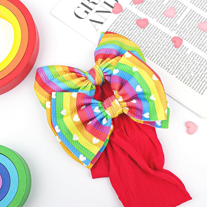 Toddler Hair Bows Gay Pride Hair Accessories, 2 Pcs 6 inches Rainbow Newborn Headbands Big Bows for Infant Girl - Rainbow Diagonal Stripe & Rainbow Stripe with White Heart Patterns