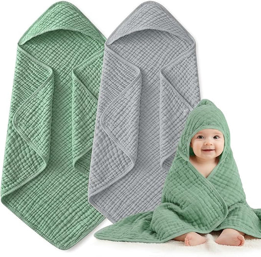 Hooded Baby Bath Towels for Newborn, 2 Pack - 6-Layer 100% Muslin Cotton, Soft Absorbent Baby Towels with Hood for Babies, Infants & Toddlers, Large 32x32 Inch Unisex Newborn Baby Bath Essentials