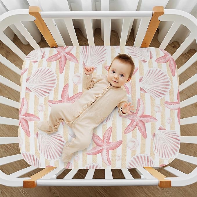 Fitted Crib Sheets Vintage Seashells and Starfish Stretchy Portable Playard Sheets for Baby Toddler, Breathable Soft Mini Crib Mattress 52 x 28 in for Boys and Girls